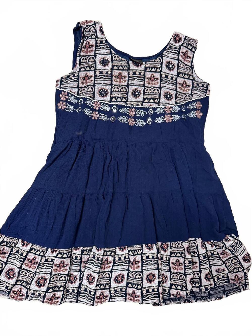 MK Kurti's Navy Boho Aztec Printed Tiered Sleeveless Kurti Tunic Dress Size XL